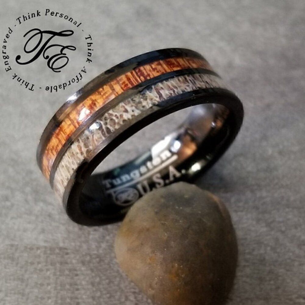 Men's Real Tungsten Wedding Ring With Deer Bone and Whiskey Barrel Wood Inlays